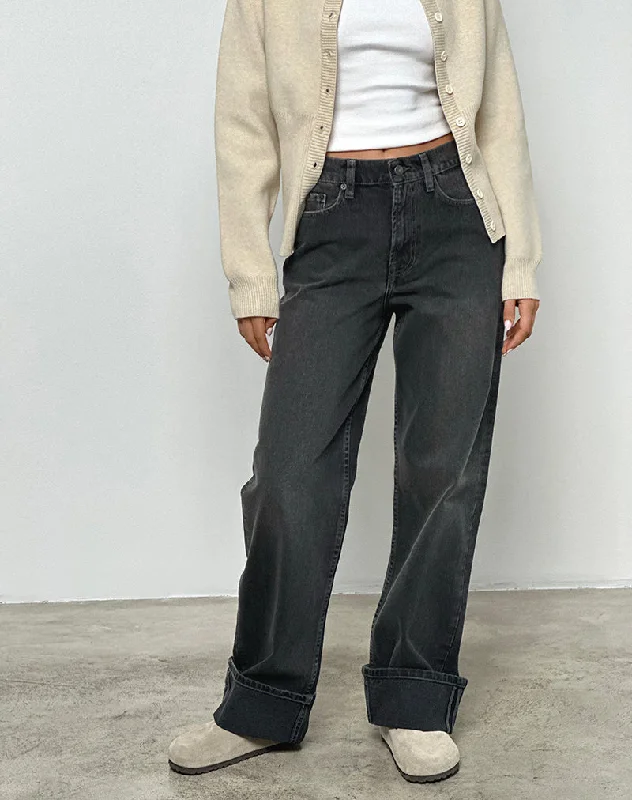 Mid Rise Turn Up Straight Jeans in Washed Black Grey Fashionable Slouchy Fit Jeans