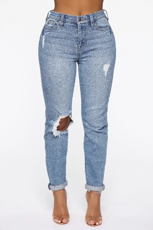 Need A New High Rise Mom Jeans - Medium Blue Wash Comfortable Stretch Fit Jeans
