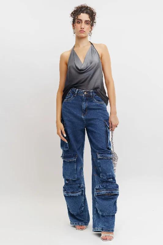 Dark Wash Multi Pocket Cargo Jeans Trendy Layered Pocket Jeans