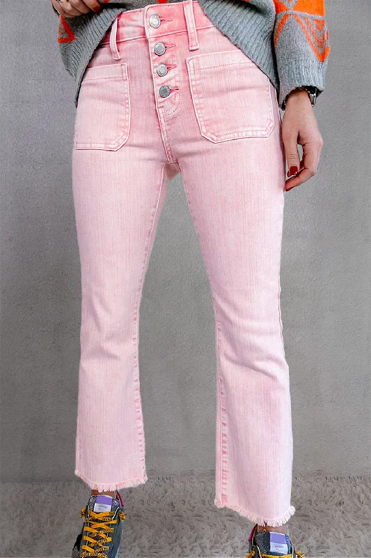 Raw Hem Button-Fly Jeans with Pockets Comfortable Boyfriend Jeans
