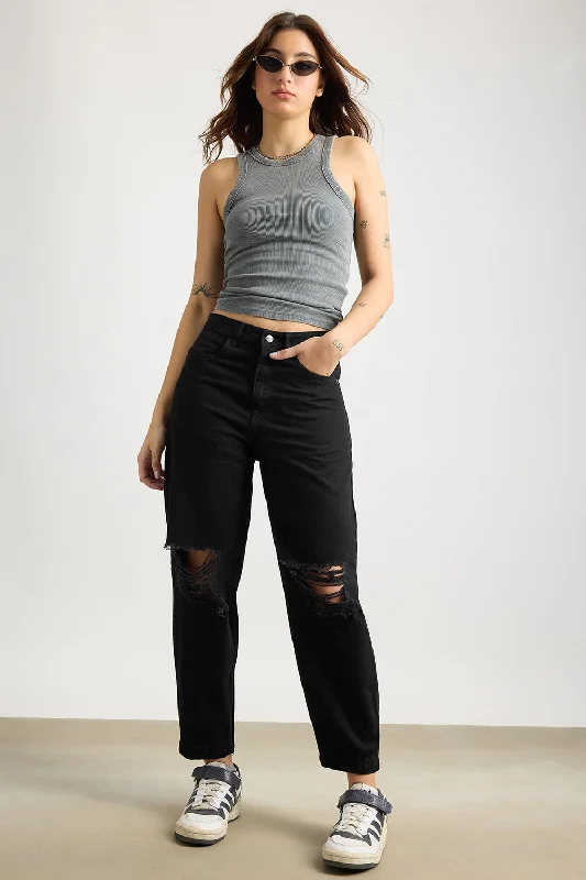 Relaxed Distress Black Jeans Fashionable Slim Fit Jeans