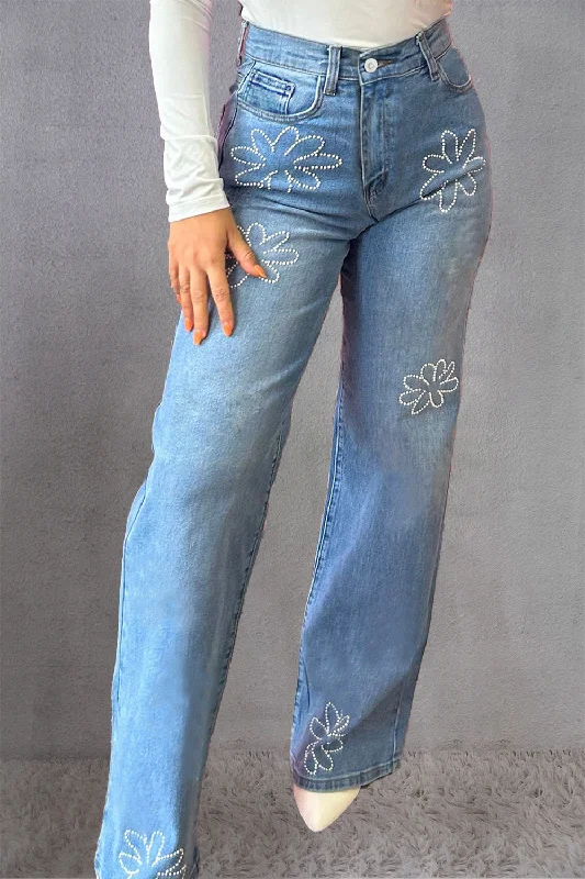 Rhinestone Straight Jeans with Pockets Fashionable Frayed Hem Denim