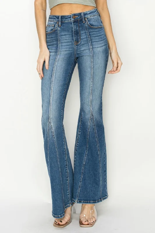 RISEN Full Size High Rise Front Seam Detailed Flare Jeans Fashionable Slouchy Fit Jeans