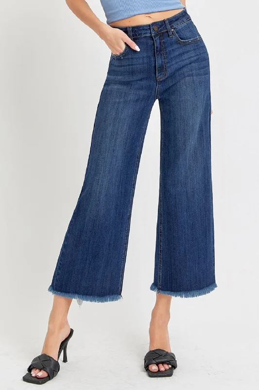 RISEN Full Size Raw Hem Cropped Wide Leg Jeans Fashionable Raw Hemmed Jeans