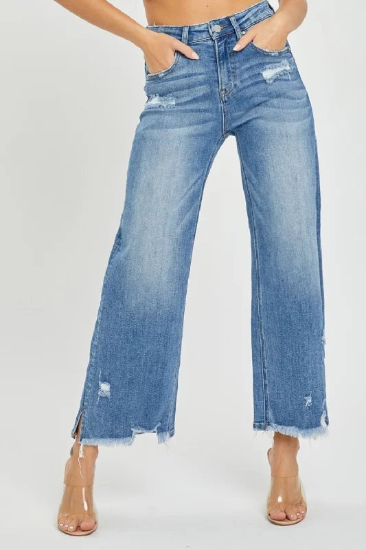 Risen High Rise Side Slit Raw Hem Cropped Jeans Classic Blue Denim Jeans
