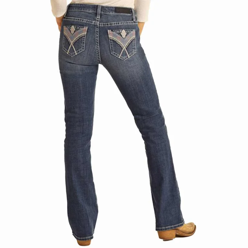 Rock & Roll Denim Women's Aztec Criss-Cross Bootcut Jeans Cozy Wide-Legged Jeans