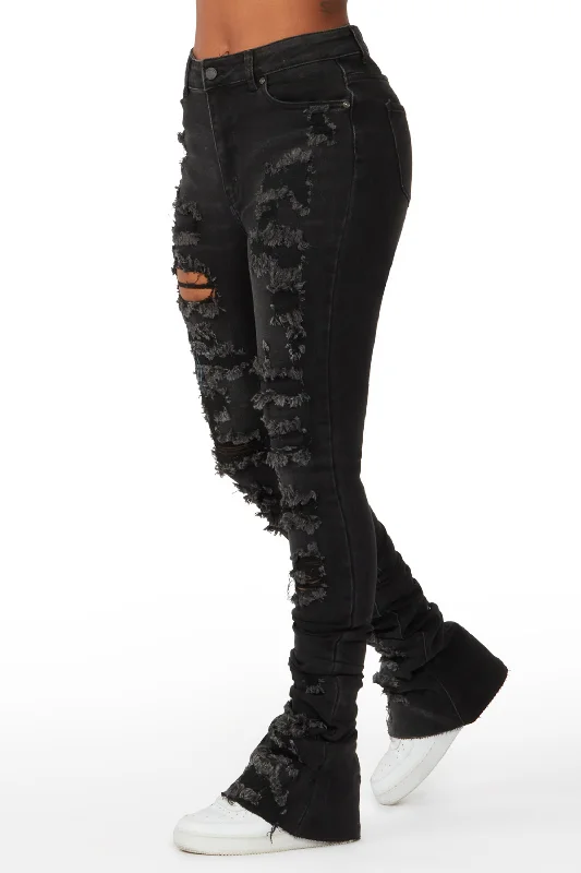 Your Loss Black Distressed Super Stacked Jean Trendy Low-Rise Bootcut Jeans