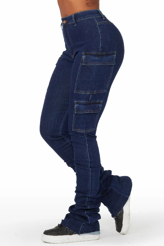 Vixen Dark Wash Cargo Super Stacked Jean Comfortable Stretch Denim Jeans