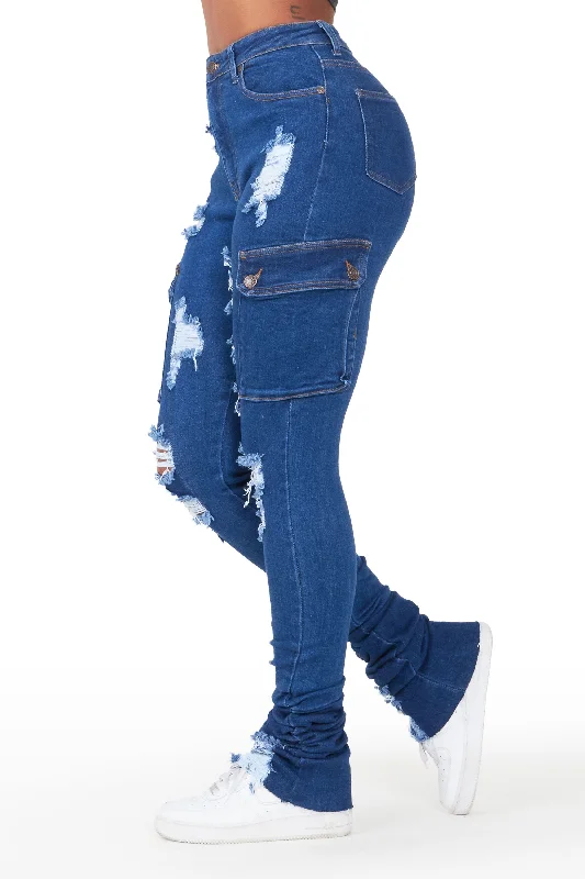 Pippen Dark Wash Cargo Super Stacked Jean Elegant Wide-Leg Jeans