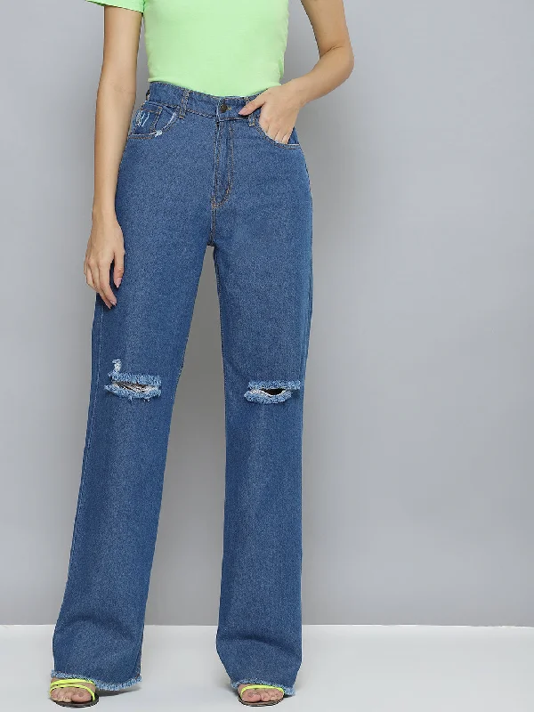 Women Blue Wide Leg Distressed Slit Jeans Comfortable Zip-Fly Denim Jeans