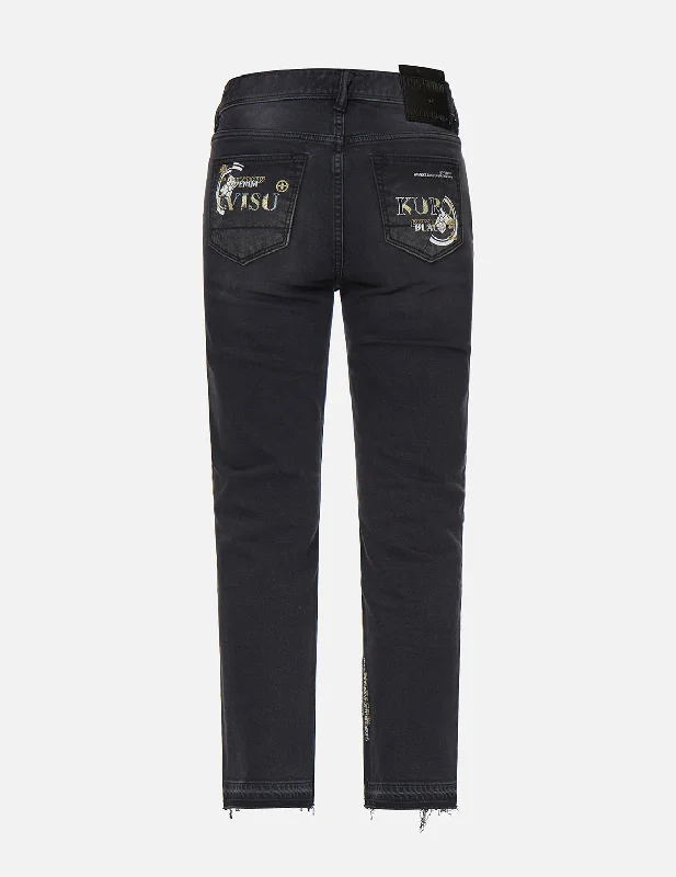 Slashed Kamon and Logo Embroidered Cropped Straight Fit Jeans Chic Ripped Jeans