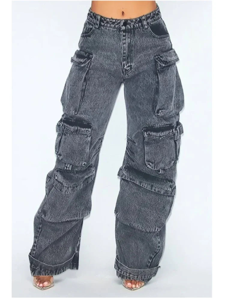 Solid Color Multi-pocket Loose Jeans Women's High Street Retro Hip-hop Wide-leg Pants Comfortable Zip-Up Skinny Jeans