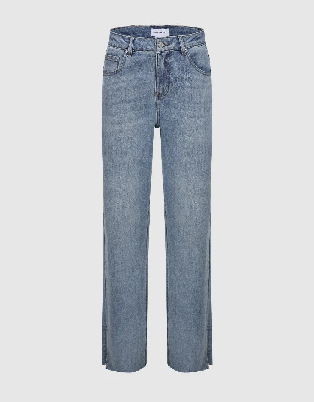 Split Hem Straight Jeans Trendy Pleated Waist Jeans