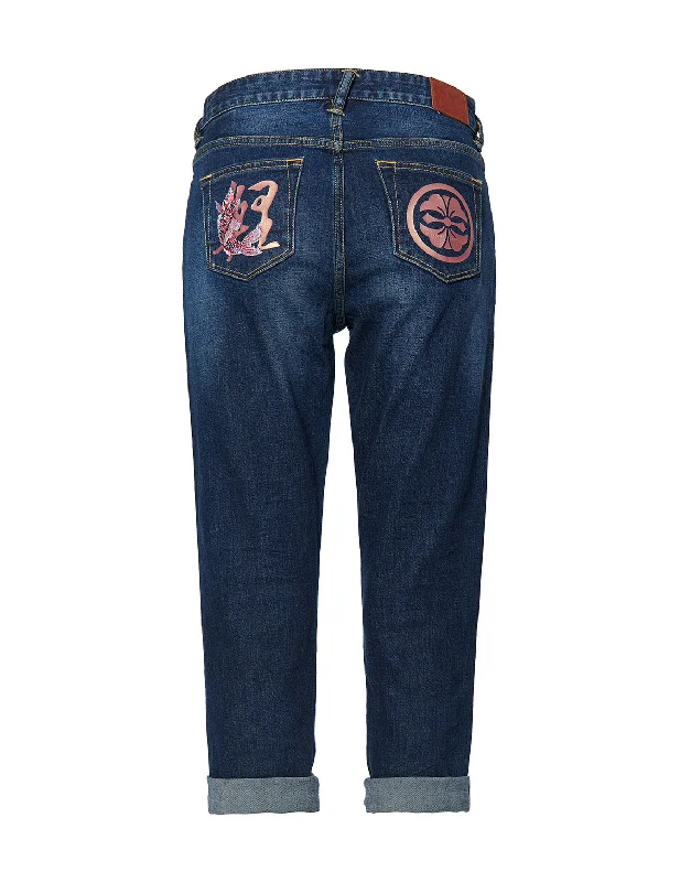 Straight-leg Denim Jeans with Kamon and Kanji Printed Pockets Chic Cropped Jeans