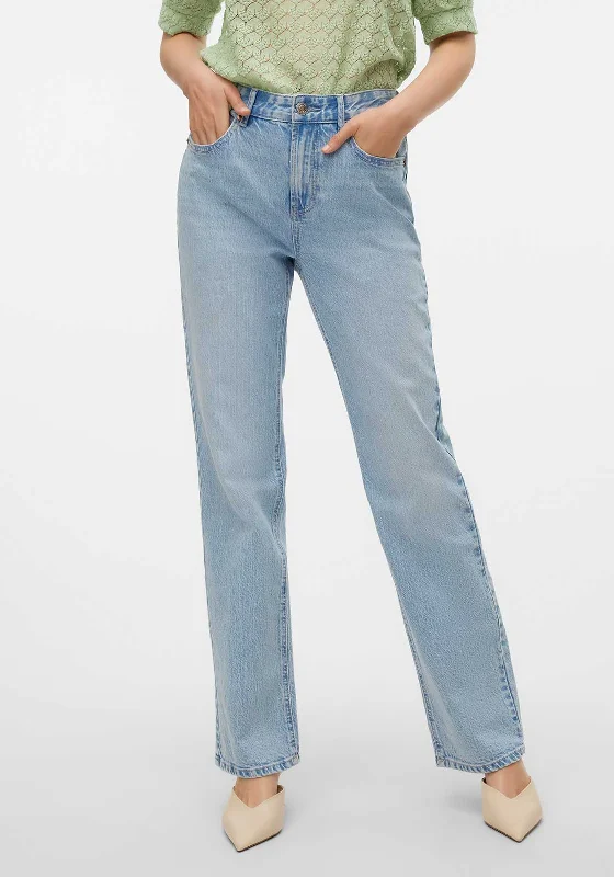 Vero Moda Tessa High Rise Straight Jeans, Blue Trendy Paperbag Waist Jeans