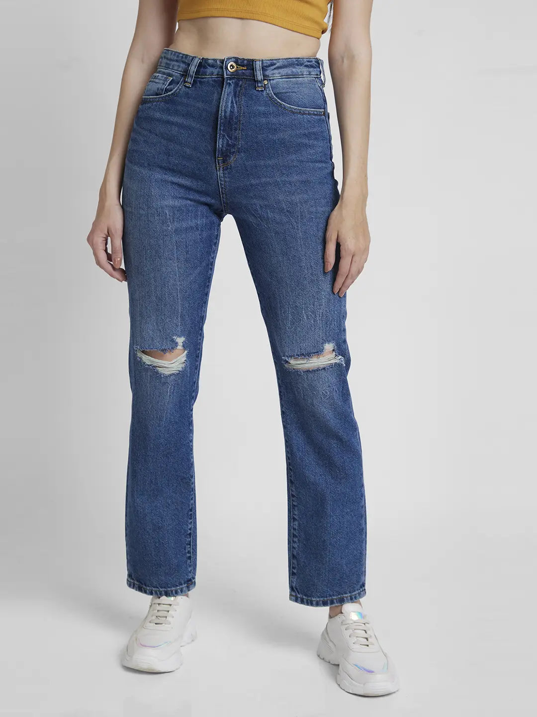 Spykar Women Mid Blue Cotton Straight Fit Regular Length Low Distressed Jeans -(Bella) Chic Cropped Jeans