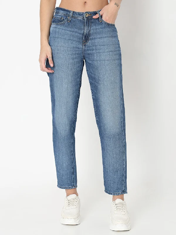 Spykar Women Cotton Mom Fit Mid Rise Jeans Fashionable Distressed Jeans