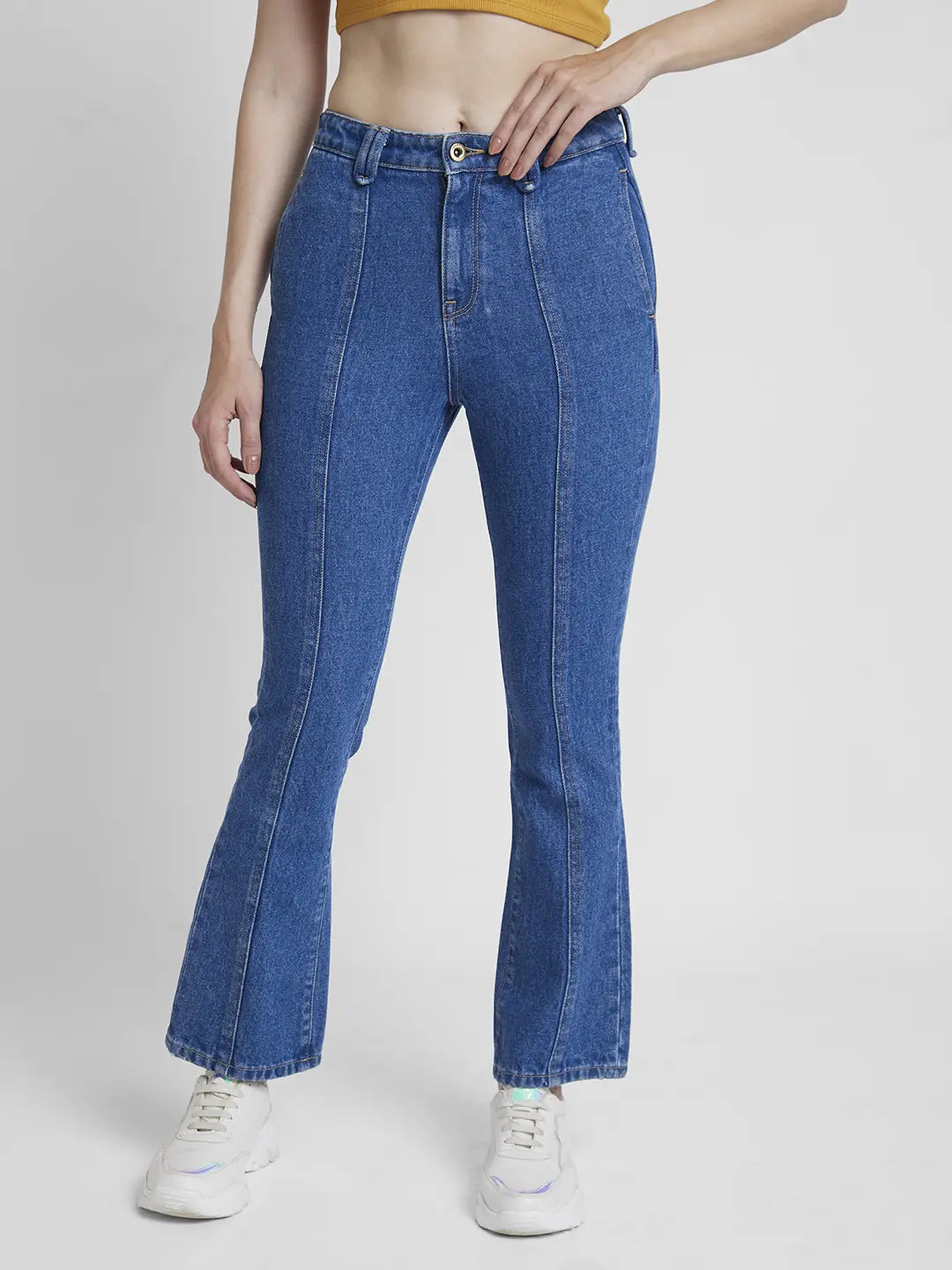 Spykar Women Mid Blue Lycra Bootcut Fit Ankle Length Clean Look Jeans -(Elissa) Stylish High-Waisted Denim