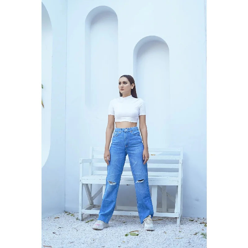 FF Blue Straight Ripped Jeans Fashionable Raw Hemmed Jeans