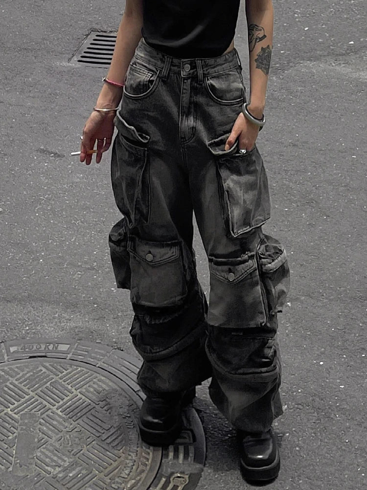 Women Baggy Y2K Goth Cyber Punk Denim Pants Cargo Pants Mom Jeans Chic Faded Blue Jeans