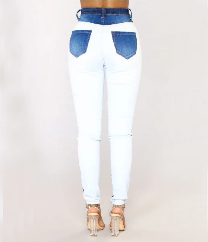 Women Patchwork Jeans Chic Dark-Wash Skinny Jeans