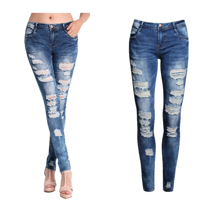 Women Slim Ripped Jeans Fashionable Button-Front Jeans