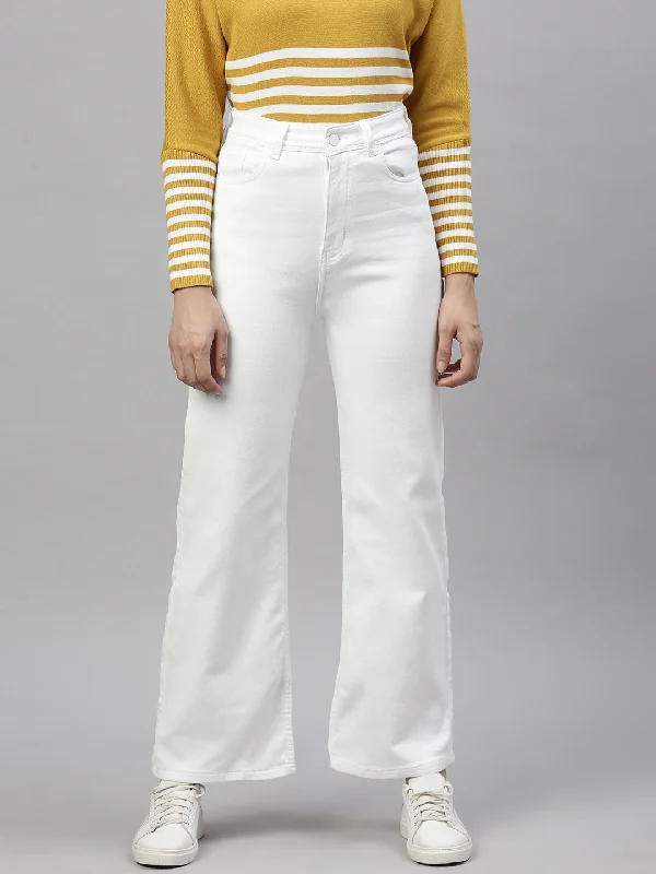 Women White Wide Leg Jeans-GZ-5972-White Comfortable Zip-Fly Denim Jeans