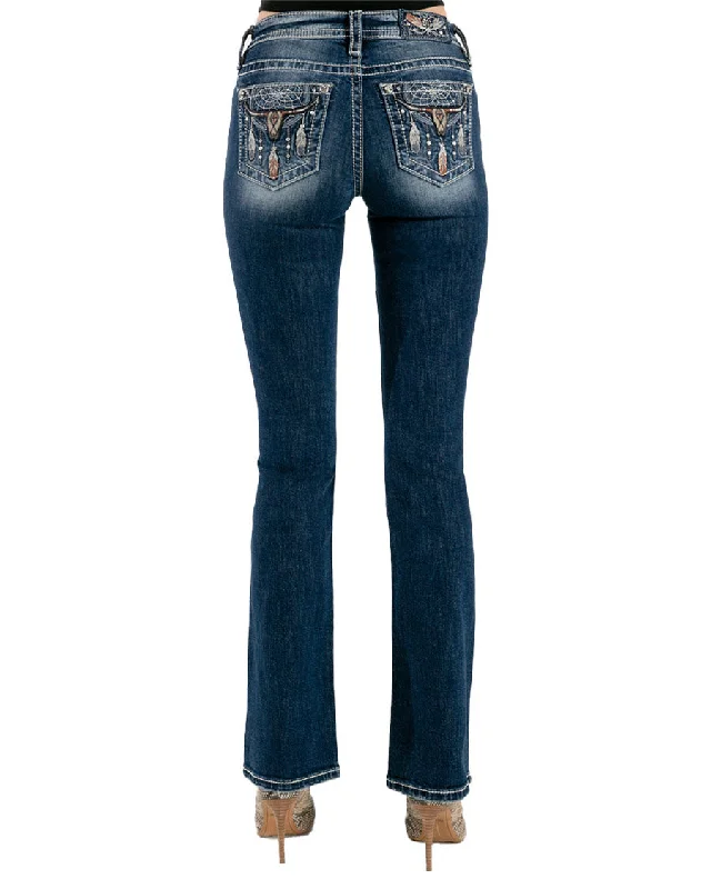 Women's Long Horn Dream Catcher Bootcut Jeans Stylish High-Waisted Denim