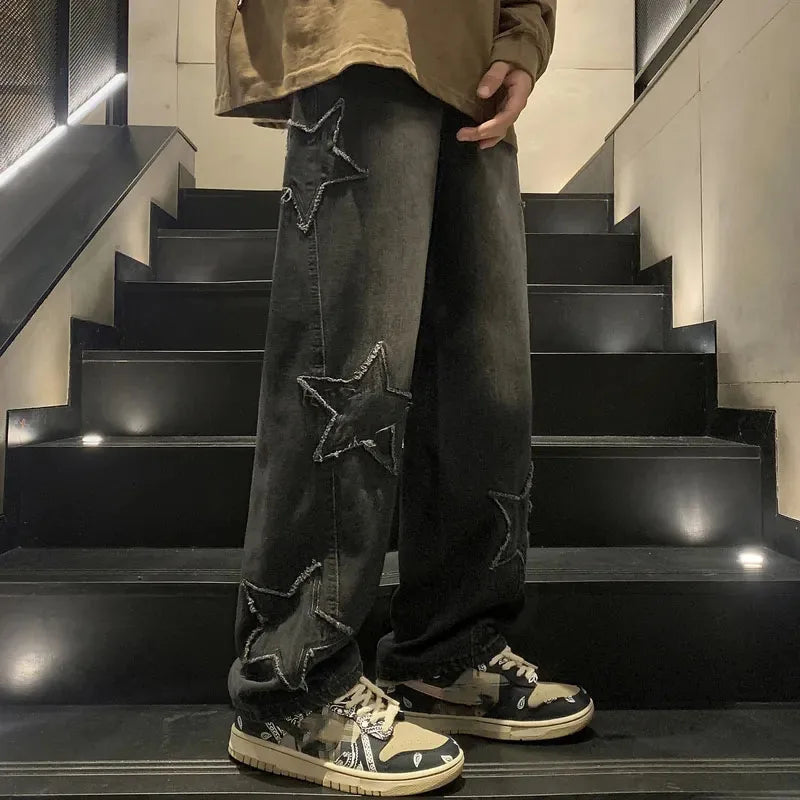 Vintage Streetwear Jeans Women Harajuku Star Aesthetic Wide Leg Denim Trousers Stylish Slim Fit Denim
