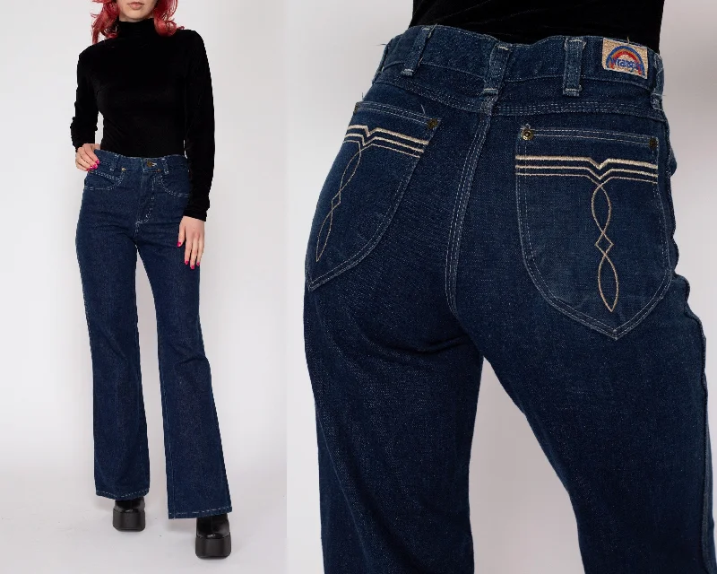 XS 70s Wrangler Dark Wash Rainbow Tag Flared Jeans Chic Vintage-Inspired Denim Jeans
