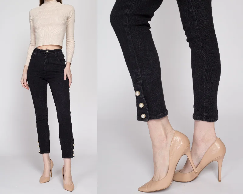 XS 80s Black Ankle Button Skinny Jeans 24"-26" Chic Rolled Cuff Denim Jeans