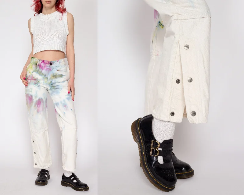 XS 90s Tie Dye White Denim Ankle Snap Jeans Stylish High-Waist Jeans