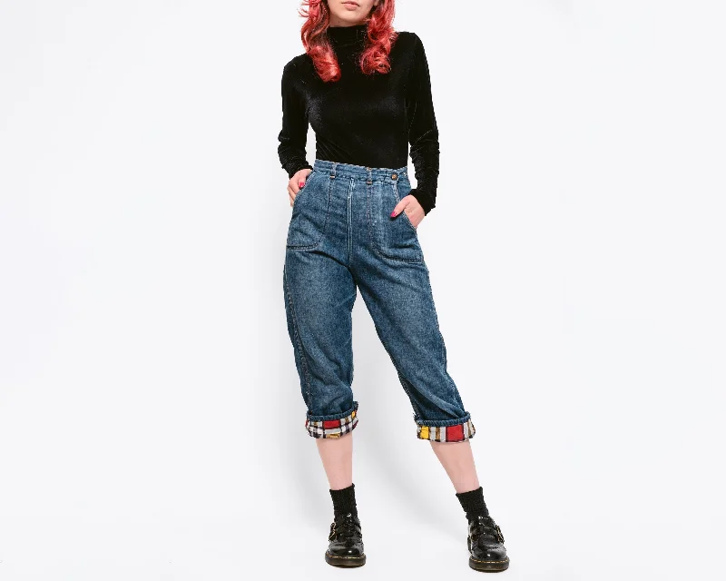 XXS-XS 1940s Flannel Lined Side Zip Cropped Jeans 21"-23" Stylish High-Waisted Denim