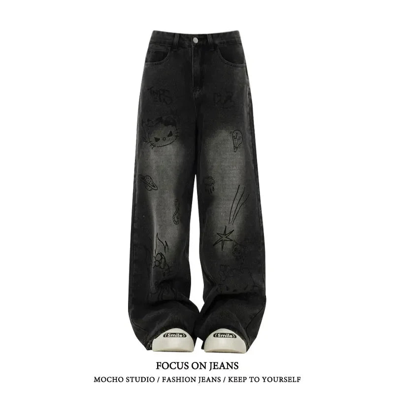 American Black High Street Casual Cartoon Print Wide Leg Pants for Women Casual Wide Pants