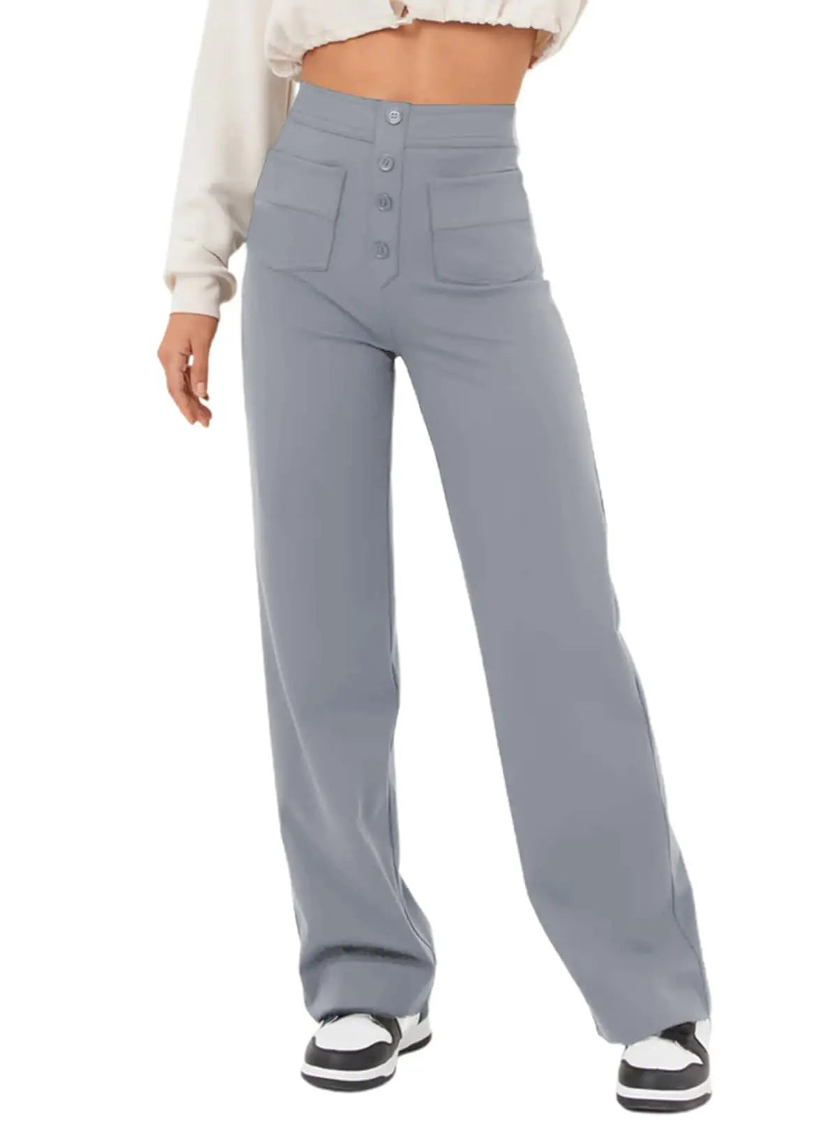 2024 Spring Autumn Women Multiple Button Pocket Straight Leg Pants Fashionable Button-Up Pants