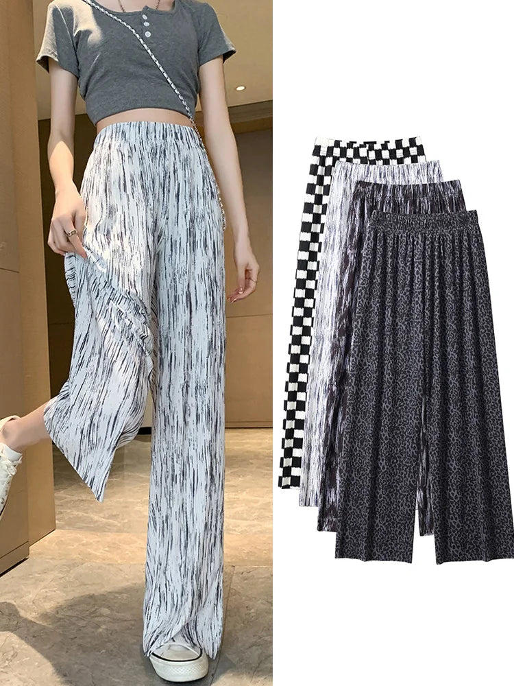 Women Tie-dye Printed Pants Spring Summer Elastic Waist Stright Long Wide leg pants Slim Fit Casual Pants