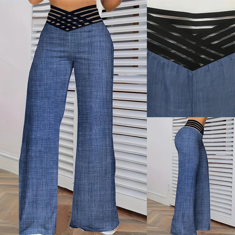2024 Women Wide Leg Flared Pants Autumn Casual Crisscross Sheer Mesh Patch Casual Lounge Pants