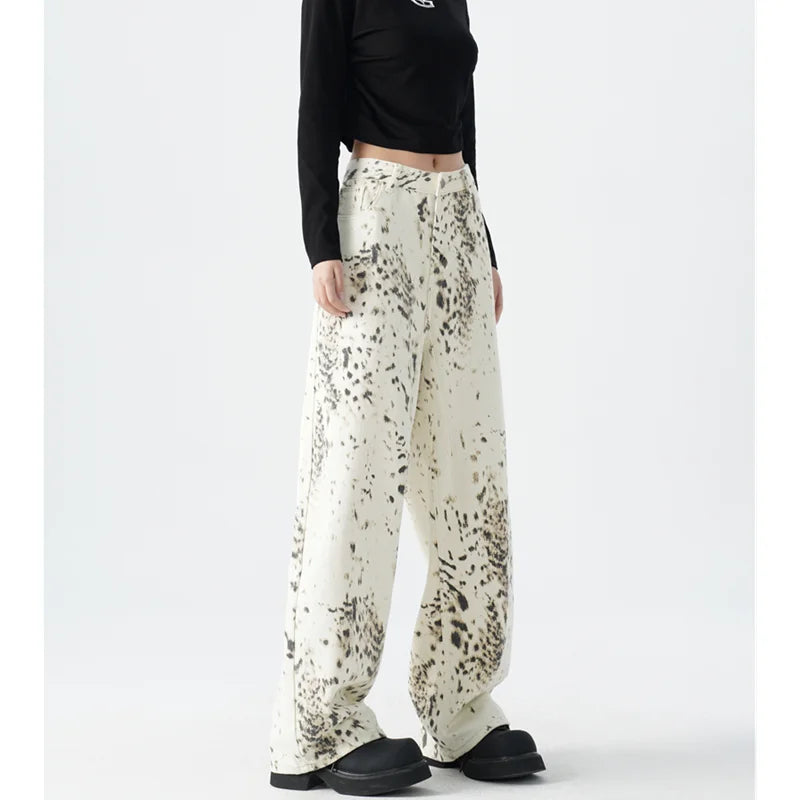 American Retro High Street Casual Leopard Print Loose Wide Leg Pants for Women Relaxed Fit Trousers