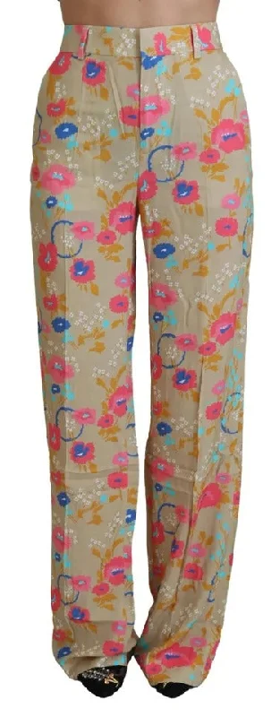 Beige Floral High Waist Straight Pants Trendy High-Waist Trousers