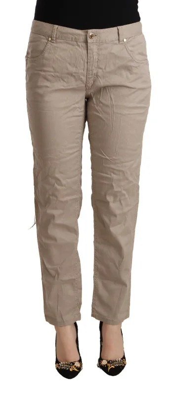 Beige Mid Waist Tapered Pants Stretch Fit Pants