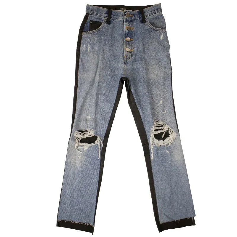 AMIRI Blue Denim Black Leather Pants High-Waist Jogger Pants