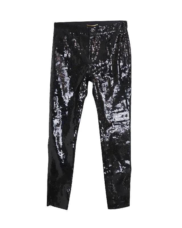 Saint Laurent Sequined Straight Pants in Black Cotton Relaxed High-Waist Trousers