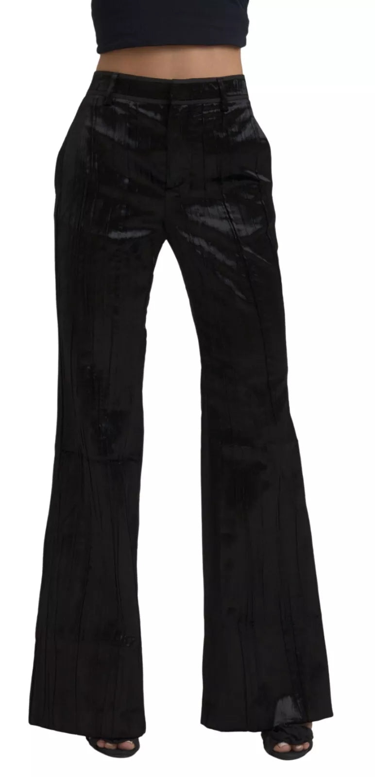 Black Viscose Super Flare High Waist Pants Casual Plaid Pants