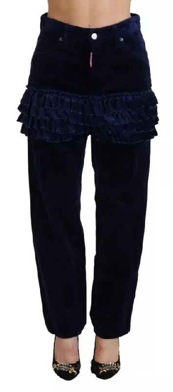 Blue Ruffles Highwaist Cotton Denim Boston Fit Pants Relaxed High-Waist Trousers