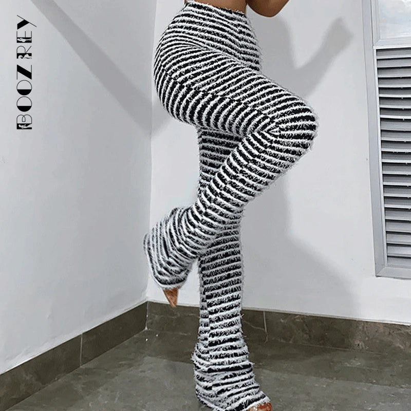 Black and White Knitted Pants Women Bottoms Relaxed High-Waist Trousers