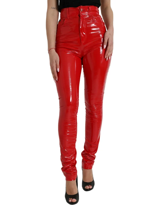 Chic Red High Waist Skinny Pants Classic Straight Pants