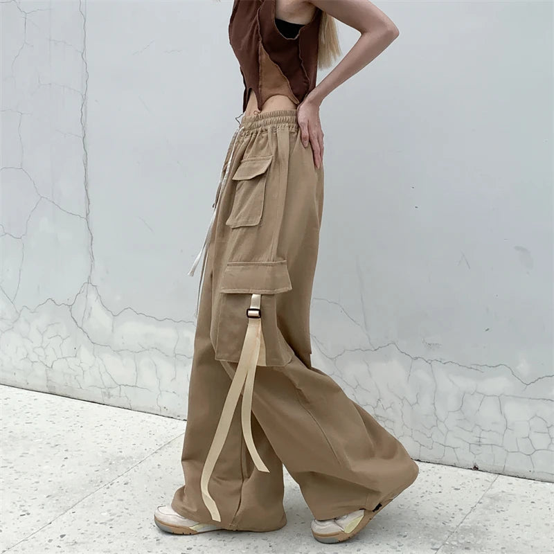 Cotton High Street Cargo Pants for Women Men with Ribbon High Waist Wide Comfortable Jogging Pants