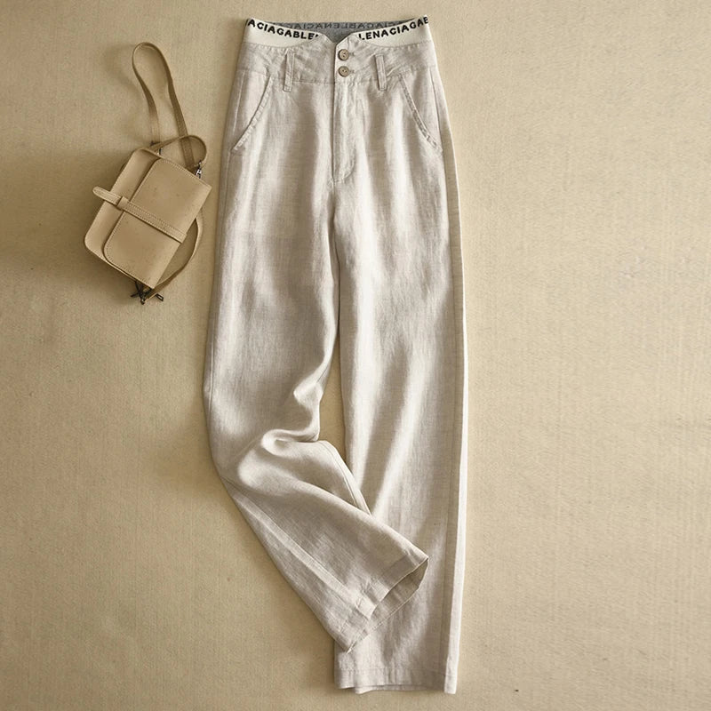 Cotton linen wide-legged pants female large size summer Korean fashion Chic Faux Leather Pants