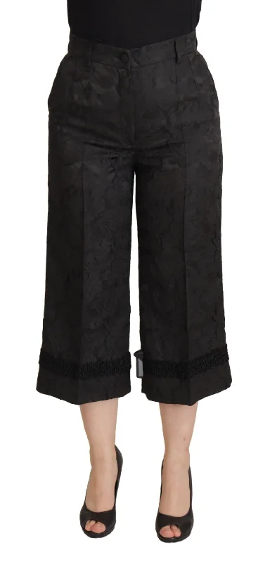 Elegant Black Brocade Cropped Pants Warm Wool Trousers