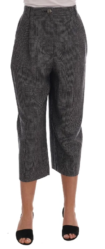 Elegant Gray Check Capri Wool Pants Stretch Fit Pants